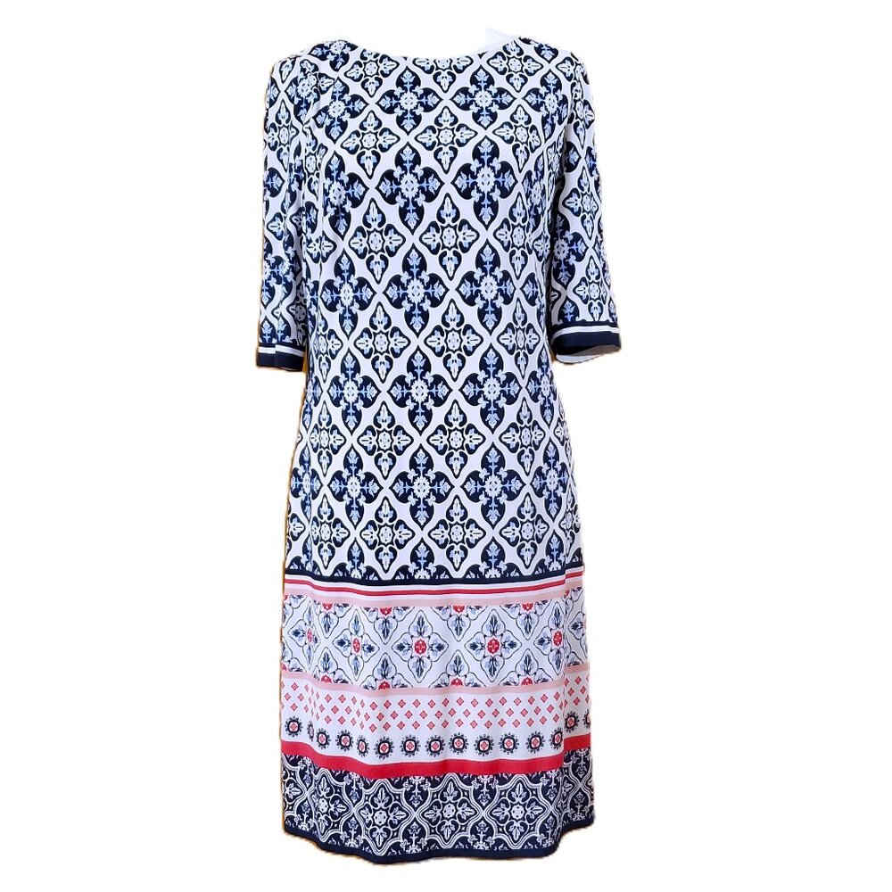 Eliza J Navy White Pink Geometric Print Jersey Knit Dress Womens Sz 8 Career